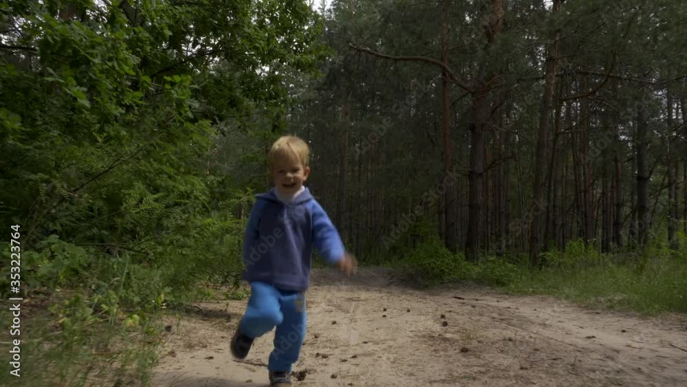 Little Boy Running Alone in the Forest. Lonely Child Wandering in the Wood. Summer Season Little Boy Running Alone in the Forest. Lonely Child Wandering in the Wood. Summer Season