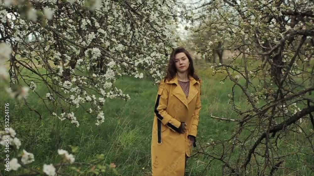 Romantic young girl walks a garden among the flowering trees. Spring mood. The girl goes on camera. Slow-motion