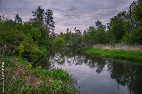 Obraz na płótnie Jeziorka river during cloudy morning at spring near Piaseczno, Poland w salonie