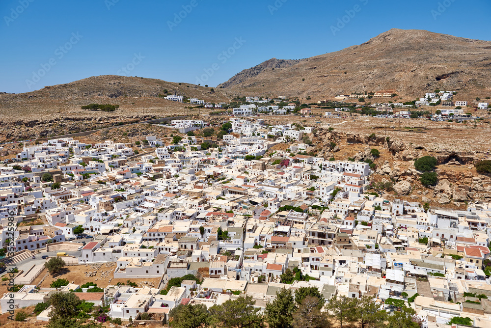 Lindos town seen from the Acropolis Hill. Rhodos Island, Greece