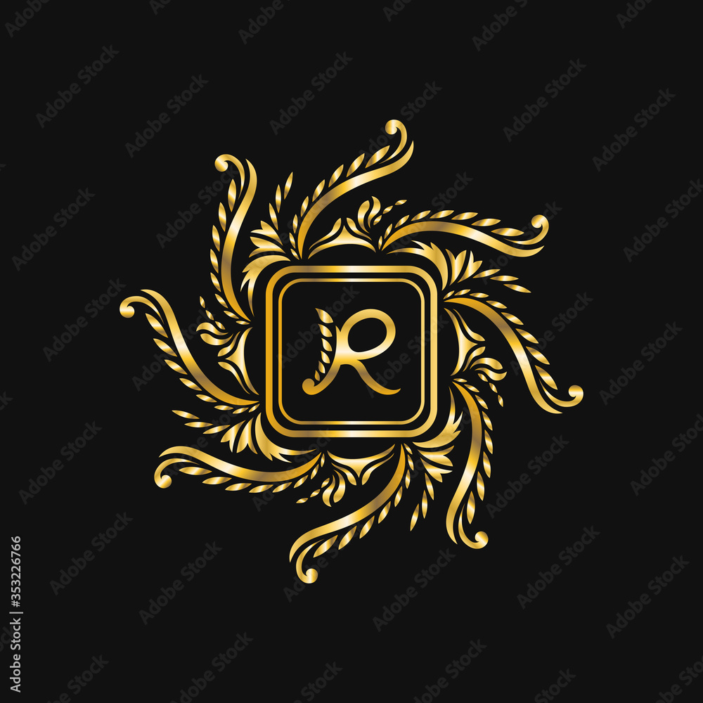 Obraz premium golden elegant floral monogram with rounded square frame template design on black background