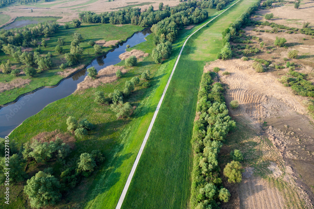 Aerial view of a dike on the Danube and its floodplain in Kopacki rit Nature Park, Croatia