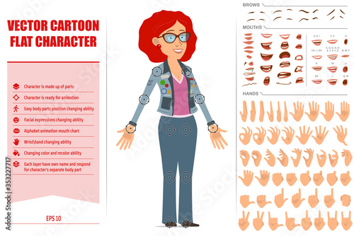 Cartoon flat redhead hippie woman character in glasses and jeans jacket. Ready for animation. Face expressions, eyes, brows, mouth and hands easy to edit. Isolated on white background. Big vector set.