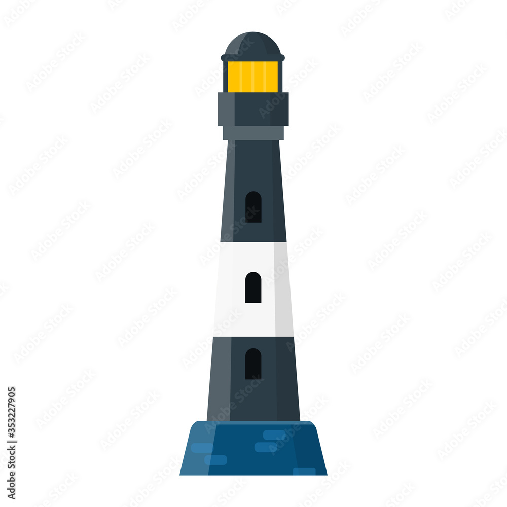 Flat lighthouse icon with black and white stripes. Vector logo beacon. Cartoon Light house object for web.