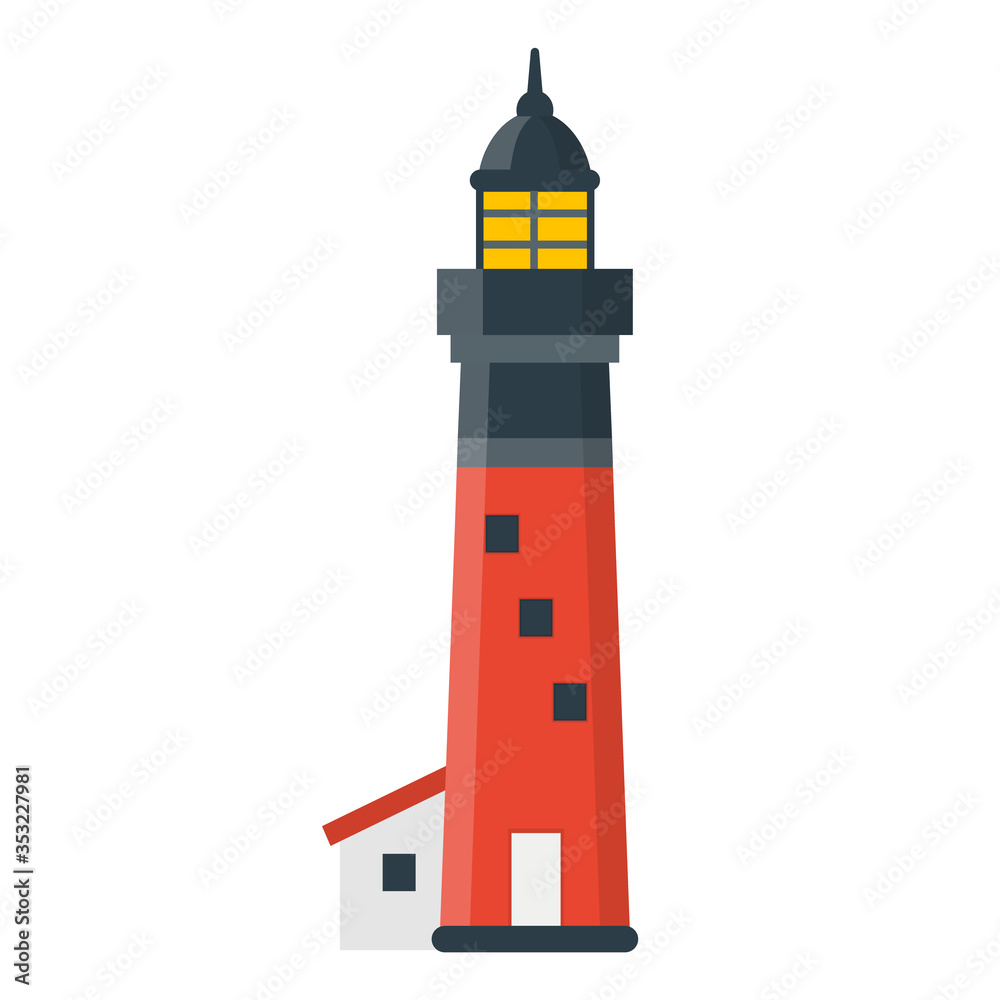 Flat lighthouse icon. Vector logo marine beacon. Cartoon Light house object for web.