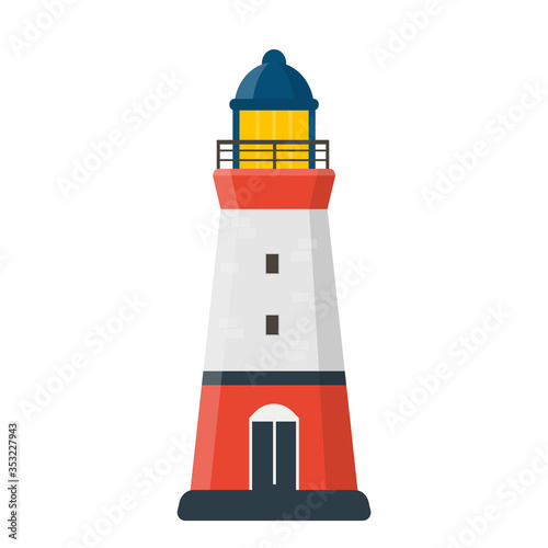 Flat lighthouse icon. Vector logo beacon. Cartoon Light house object for web.