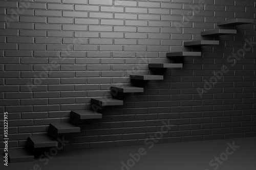 Black ascending stairs in black room with brick wall  abstract 3D illustration.