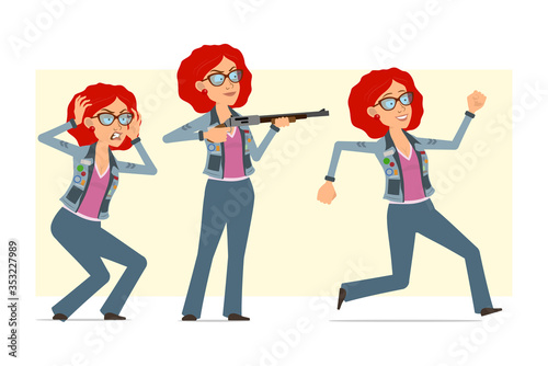Cartoon flat funny redhead hippie woman character in glasses and jeans jacket. Ready for animation. Girl running and shooting from shotgun. Isolated on yellow background. Vector set.
