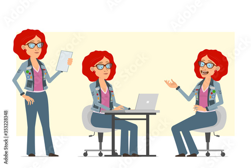 Cartoon flat funny redhead hippie woman character in glasses and jeans jacket. Ready for animation. Girl working on laptop and reading notebook. Isolated on yellow background. Vector set.