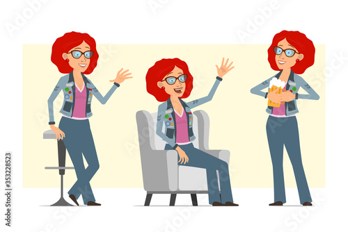 Cartoon flat funny redhead hippie woman character in glasses and jeans jacket. Ready for animation. Girl resting on chair, saying hello and holding beer. Isolated on yellow background. Vector set.