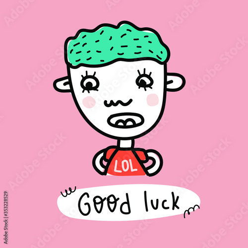 Boy says bubble "good luck" isolated background. The concept of communication, meetings, phone calls, messages. The "good luck"sticker. Dudl style. Vector.