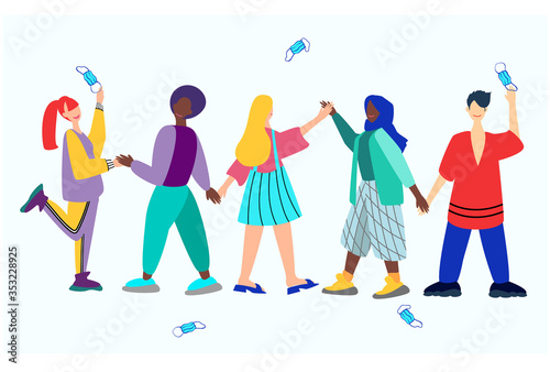 A group of people of different nationalities are happy about the end of the pandemic.A mixed-race crowd removes their masks as they celebrate their victory over the coronavirus pandemic