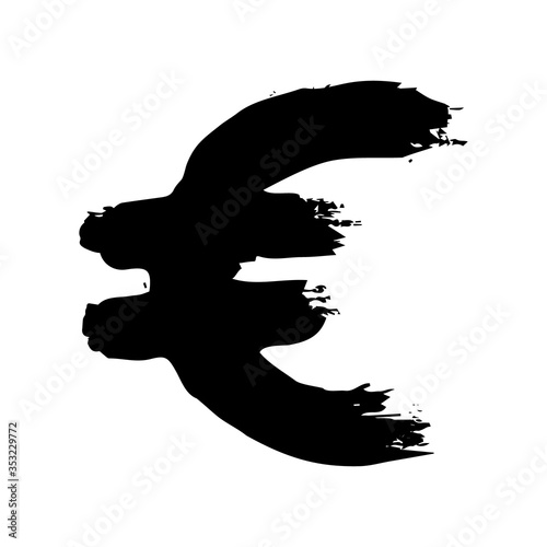 Vector illustration of euro sign, black isolated on white background. Freehand brush writing, grunge style