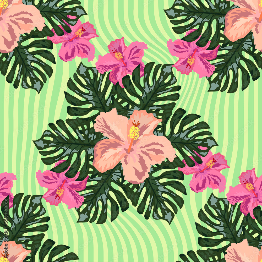 Fototapeta Exotic seamless pattern with tropical leaves and flowers on a black background. Striped background.