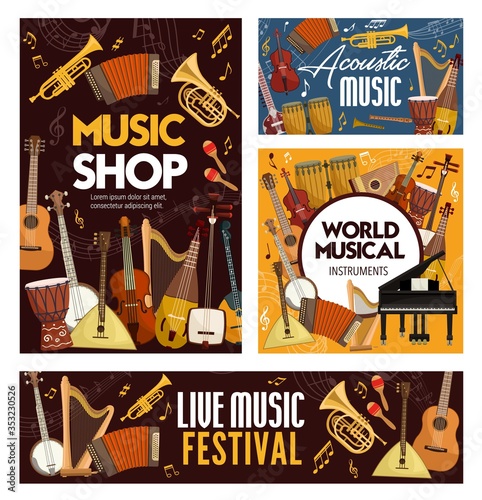 Concert, festival or shop of musical instruments . Vector guitar, piano, violin, drum and harp, trumpet, horn, tuba and maracas, musical notes, treble clef, banjo, shamisen and balalaika