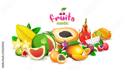 Mountain of exotic fruits on white background, fruit market store logo and banner, vector illustration.