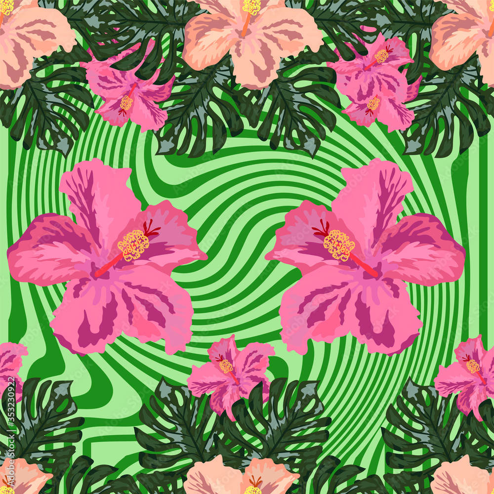 Fototapeta premium Seamless exotic pattern with tropical leaves and flowers on a white background. Hibiscus, palm