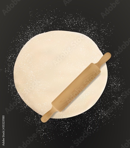 Dough, rolling pin and flour realistic vector food. Wheat bread, pizza and pastry dough with wooden roller, baking ingredients and kitchen utensil for bakery shop, cafe or pizzeria theme
