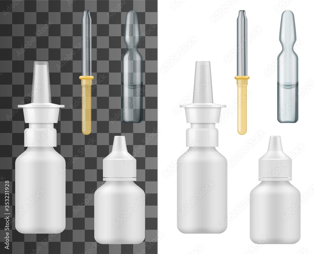 Medicine drop bottles, dropper and ampule realistic mockups. Vector containers of white plastic and glass for eye drops and nose or nasal spray, pipette or eyedropper and vial, medical package design Medicine drop bottles, dropper and ampule realistic mockups. Vector containers of white plastic and glass for eye drops and nose or nasal spray, pipette or eyedropper and vial, medical package design