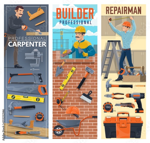 Builder, carpenter, bricklayer and handyman, construction industry workers. Vector men with tools and equipment, bricks, trowel, toolbox and hammer, hard hat helmets, drill, pliers and level rulers