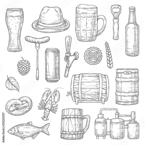 Beer alcohol drink isolated sketches of brewery, bar and pub vector design. Glass, bottle and mug of craft beer, ale and lager barrel, wheat, hop, sausage and pretzel, brewing tank and keg objects