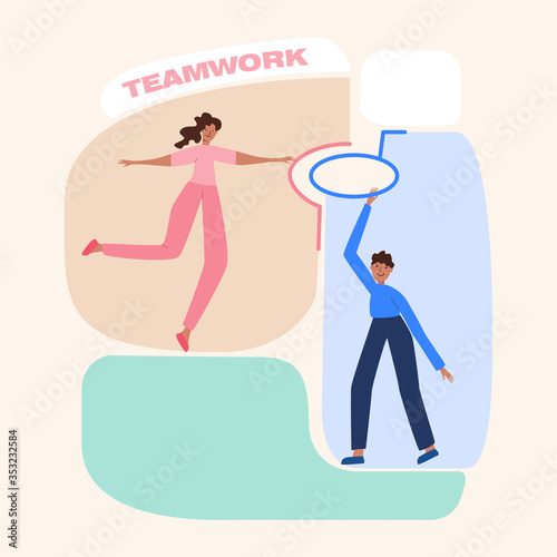 Male and female cartoon characters connect puzzle. The concept of teamwork, mutual assistance, cooperation. Man and woman work well together. Puzzles are added to the structure. People collaborate © Lyudmyla