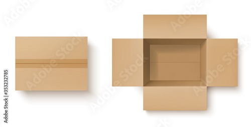 Brown cardboard box realistic mockup of delivery packages vector design. Open and closed carton parcel, top view of empty shipping or storage packaging containers
