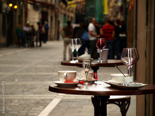 Restaurant table in cafe in downtown Pamplona, Spain