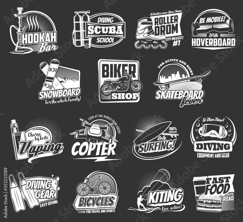 Extreme sport and active leisure vector icons. Bicycle, motorcycle, surfing board, skateboard and snowboard, diving, kitesurfing and vaping, roller skates, hookah, hoverboard and fast food emblems