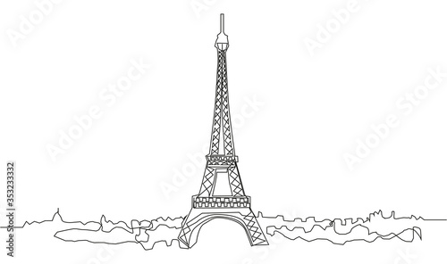continuous line drawing of the Eiffel Tower in Paris attractions illustration.