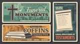 Funeral coffin, monument and testament vector design of burial or cremation service. Cemetery grave, tombstone and cross, memorial ceremony flower wreath with ribbon, dove and last will retro banners