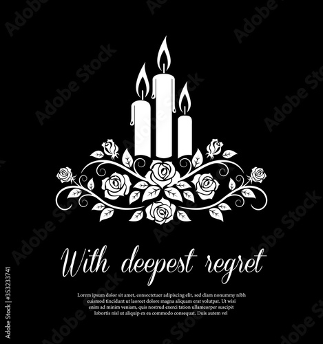 Funeral card vector template, monochrome burning candles and rose flower ornament. Vintage condolence funeral card with deepest regret typography. Obituary memorial, remembrance retro funeral poster