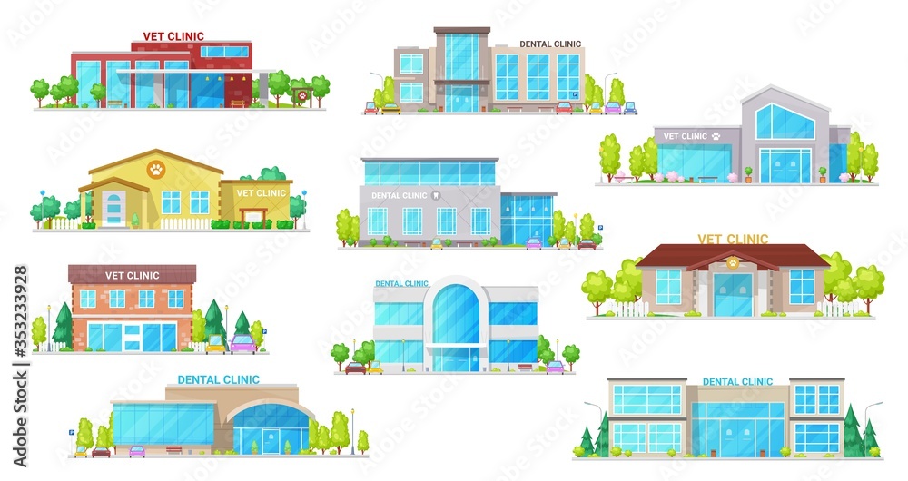 Dental and vet clinic building vector icons with dentistry and veterinary medicine hospitals. Dentist and veterinarian doctor office exterior facades with windows, doors, trees and car parkings