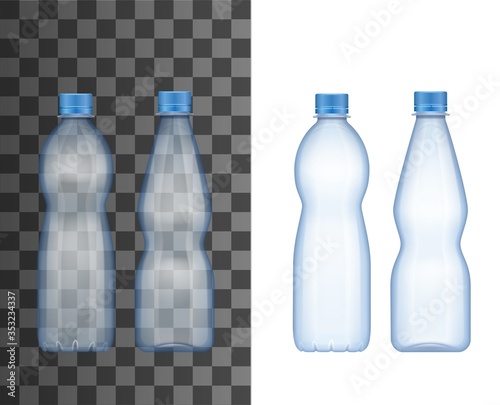 Plastic bottle realistic mockup of water and drink package vector design. Empty transparent container with blue screw cap, cold beverage packaging of soda, clear or mineral water and soft drink