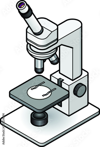 A laboratory monocular microscope on an fixed stand with an adjustable stage.