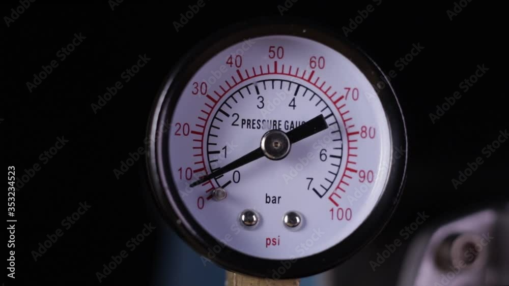 Air compressor manometer close-up slowly increasing the pressure measurement Air compressor manometer close-up slowly increasing the pressure measurement