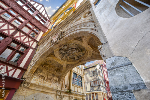 Medieval sculptures and reliefs on the underside of the passageway of the Gros Horloge, the astronomical clock in the Normandy city of Rouen, France