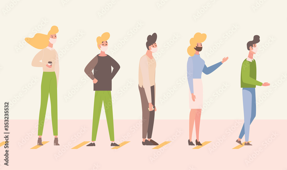 Fototapeta premium People stand in line and keep social distance vector flat illustration. People keep distance to protect Coronavirus.