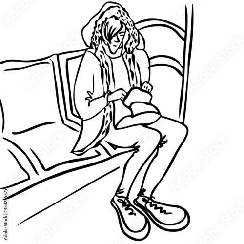 The young man sitting in subway. Simple line sketch of passengers. Hipster in train. Hand drawn illustration of male character. Interior of subway train.