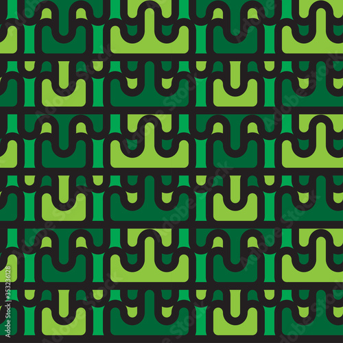 Abstract seamless vector pattern. Rounded elements of different shades of green with thick black contour. Ornate emerald mosaic reminds of stained glass. Stalactite and stalagmite motif. 