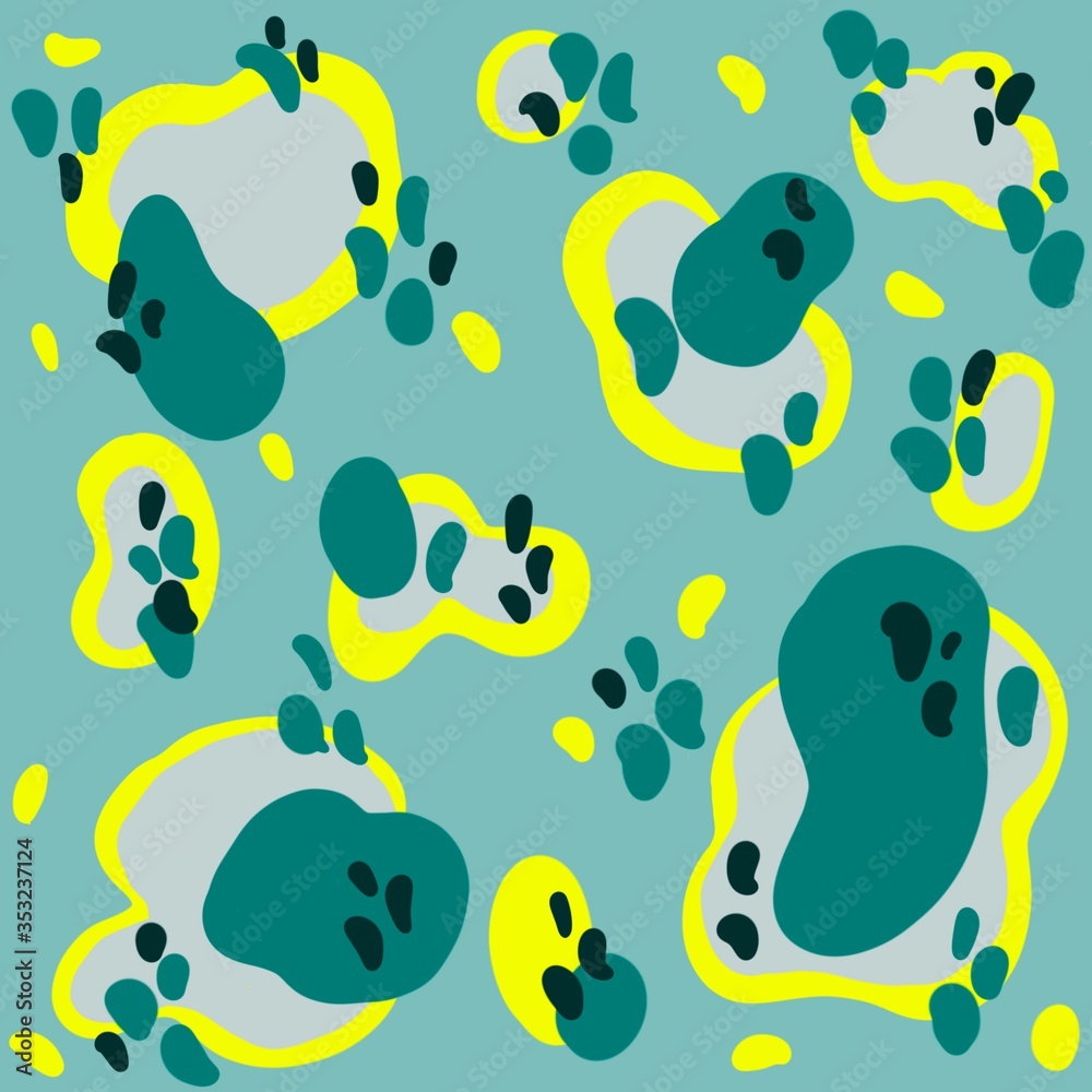 Pattern sample in green colors, with yellow and grey accents. Modern spots. Natural, animalistic print