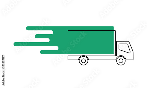 Vector of line art delivery truck or van with green abstract image showing driving or speed isolated against a white background. Illustration is blank with copy space with room for text or logos.
