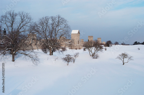 Visby Medieval City Wall, Cold Winter Morning, Sweden