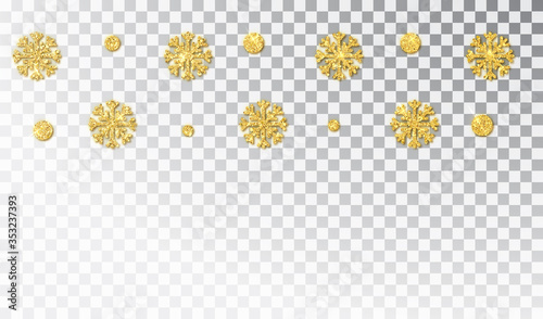 Christmas golden decoration isolated . Hanging glitter snowflake . Holiday vector frame for party posters, headers, banners. Winter season sparkling ornaments on a string.