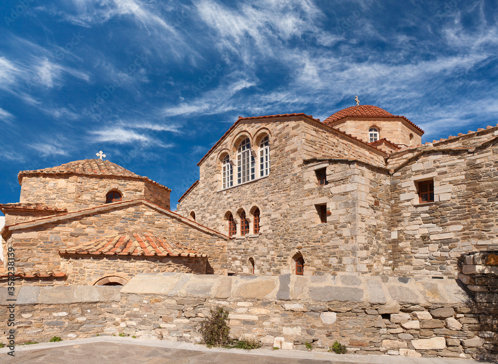 Exterior of ancient Monastery of Panagia Ekatontapiliani in Parikia town on Paros Island, Cyclades, Greece