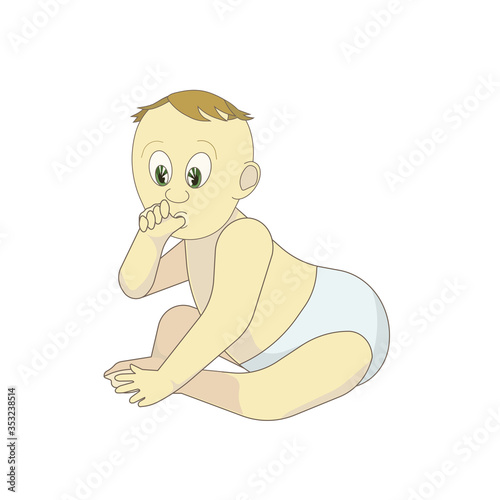 Cute six month old baby sucking a thumb in napkin underpants in Cartoon style on white isolated background, vector illustration for prints, stickers, elements of design and logos, concept of Childhood