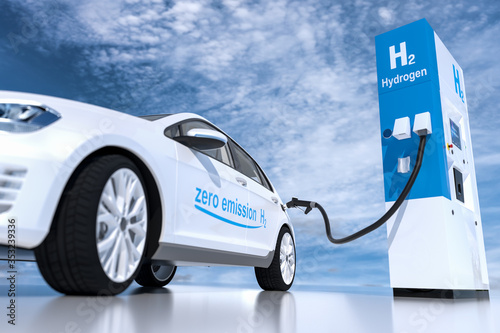 hydrogen logo on gas station. h2 combustion engine for emission free ecofriendly transport. photo