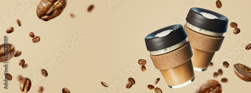 Creative mockup with flying reusable takeaway coffee cup with coffee beans.Reusable coffee cups. Zero waste. Long Banner template for menu coffee. Sustainable lifestyle concept.