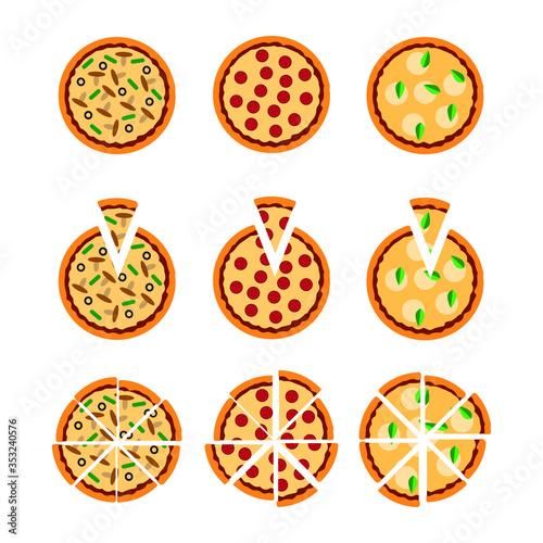 Set of Top view pizza  with various ingredients. Whole pizza. Vector illustration isolated on white background.