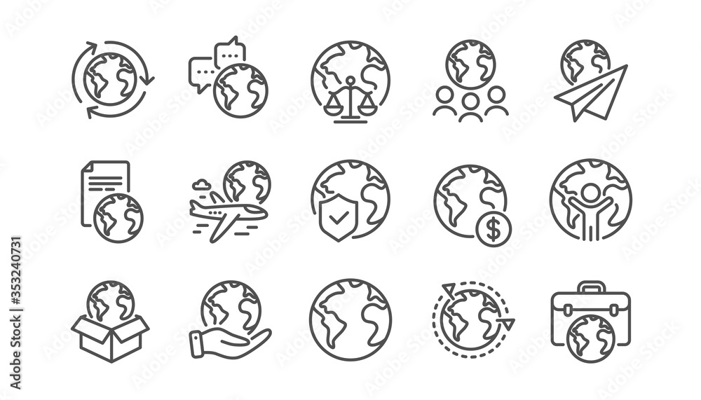 World business line icons set. Financial transactions, translate language, outsource business. International organization, global law, world map icons. Delivery service, global outsource. Vector